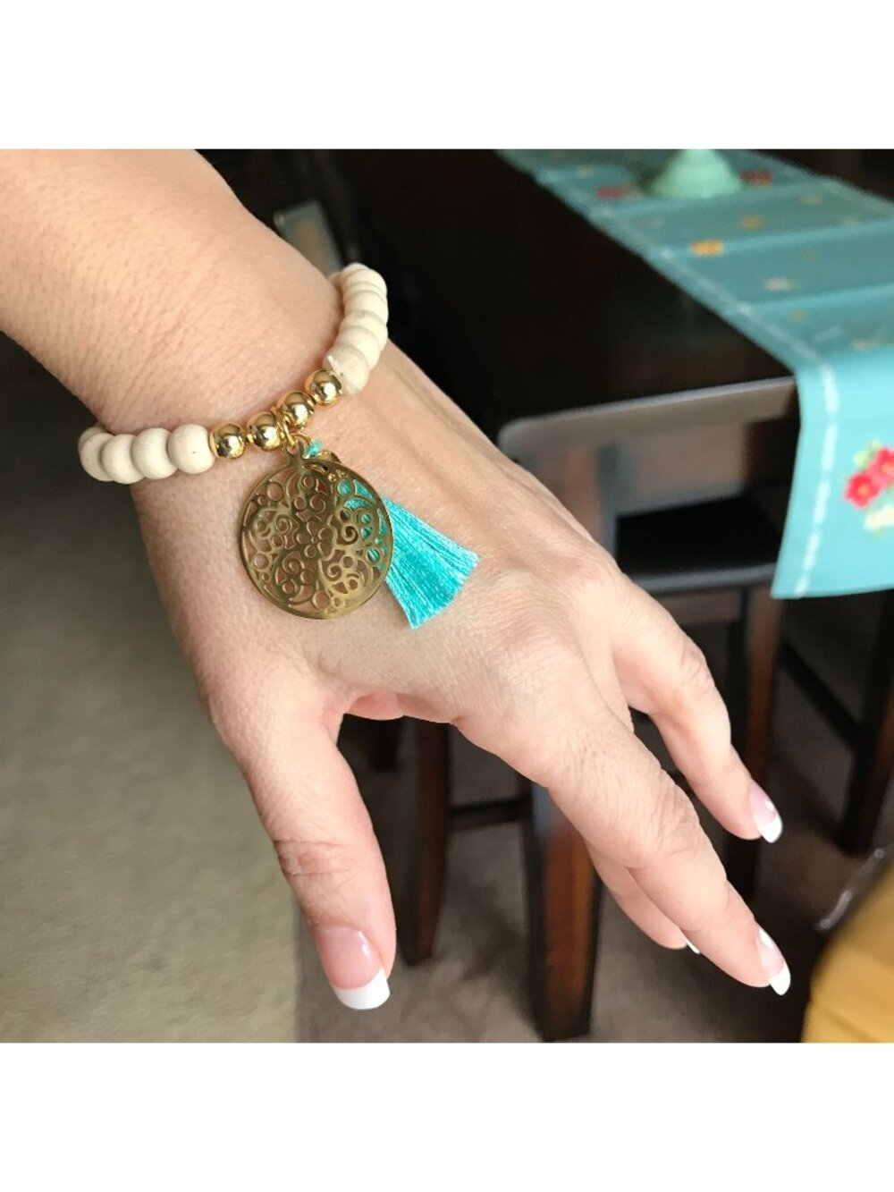 NWT Anthropologie Festival Jewelry Wood Beaded  Bracelet‎ Teal Gold Charm Boho